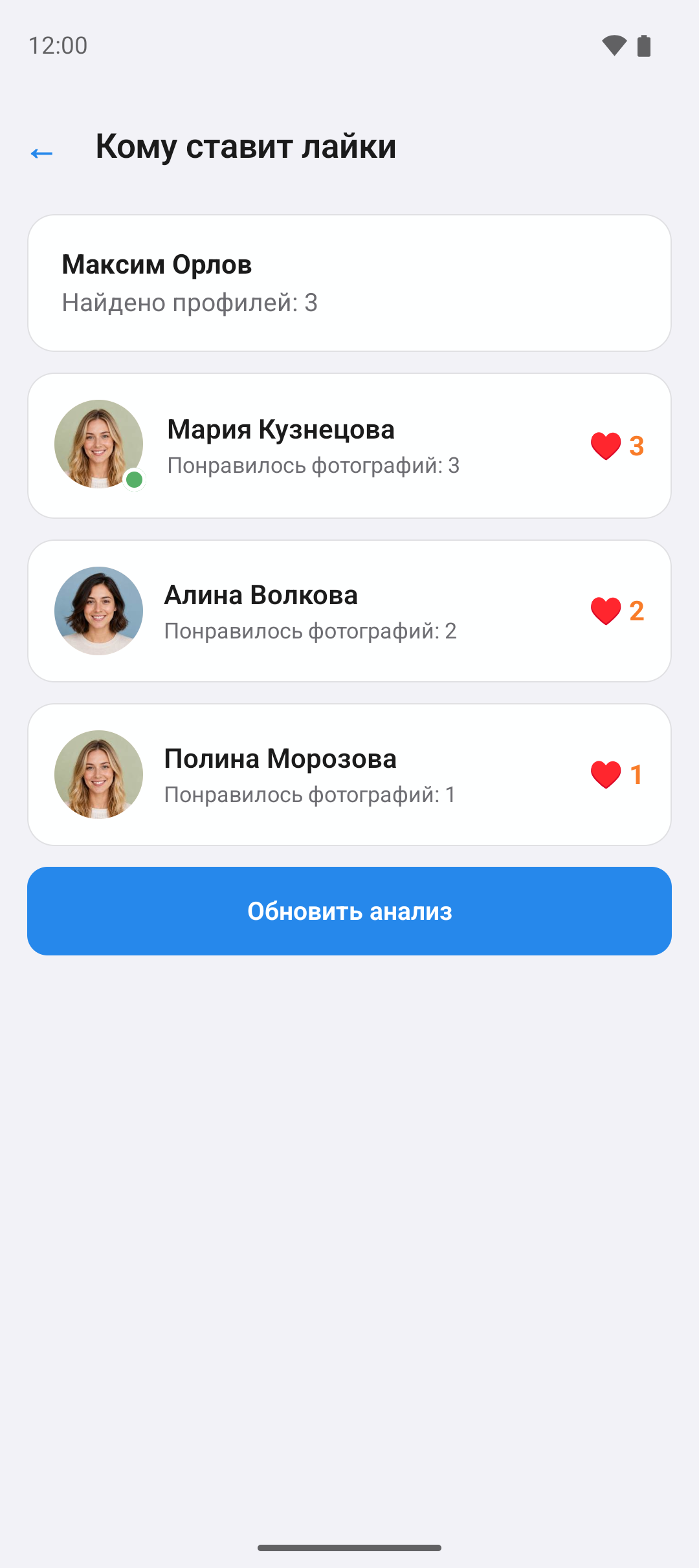 Результат поиска лайков: список людей и число найденных фотографий